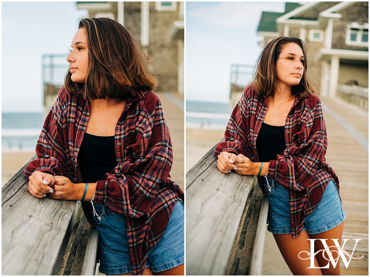 Currituck Senior girl on a pier at the beach | Outer Banks Senior Casuals at Jocky's Ridge and Jennettes Pier | Photos by Laura Walter Photography