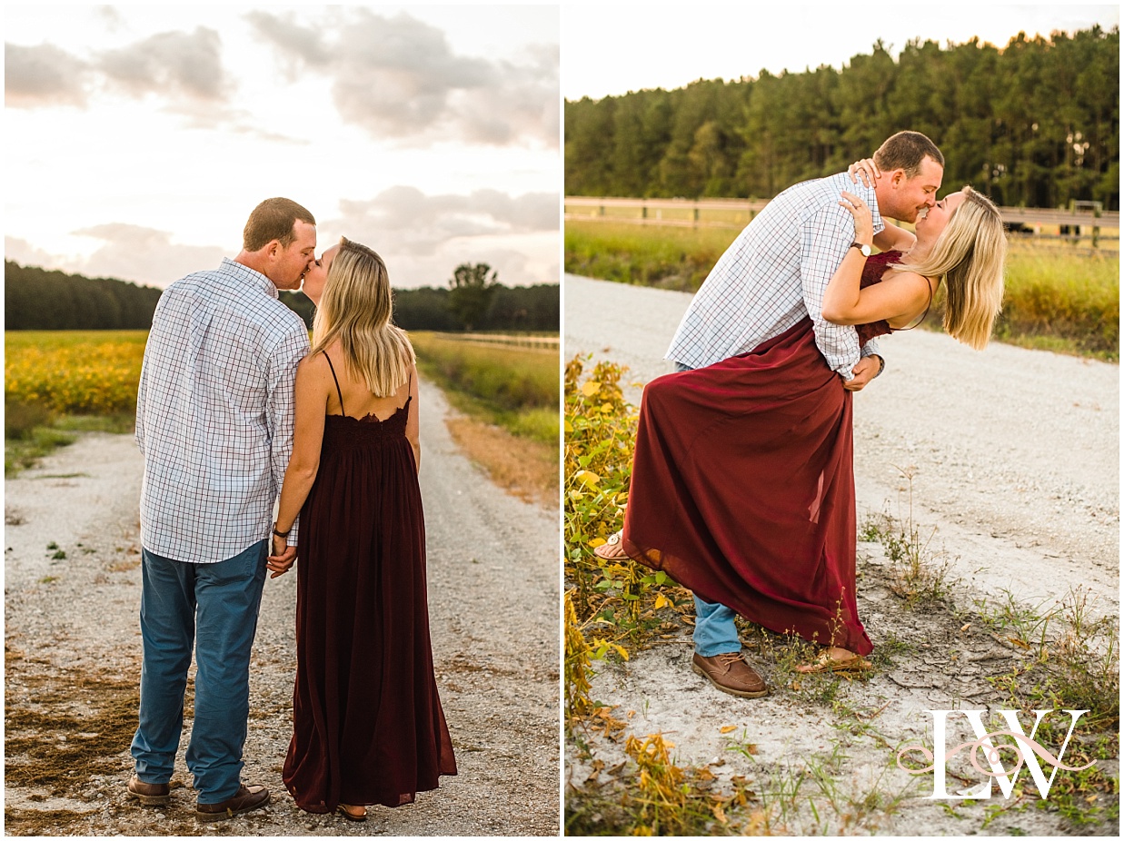 Engaged couple kissing and dancing on the farm in Currituck, NC, taken by Laura Walter Photography.