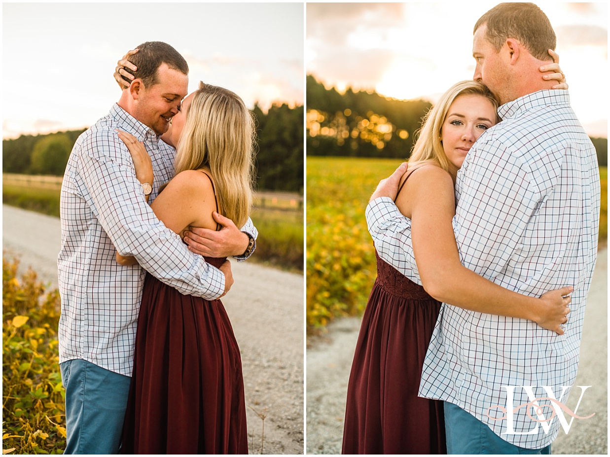 Engaged couple Nose to Nose and snuggling on the farm in Currituck, taken by Laura Walter Photography.