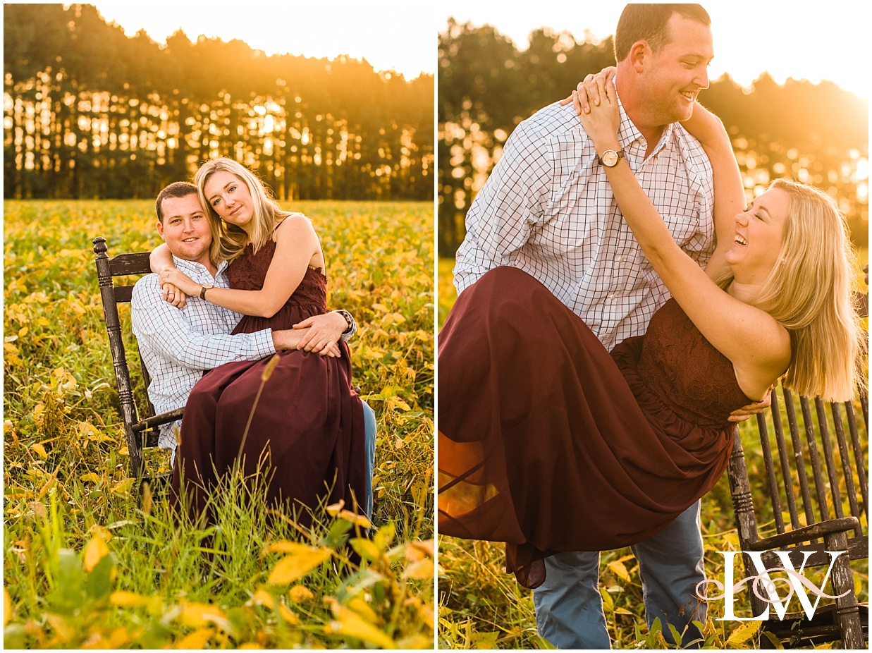 Engaged couple playing together and sitting in a rocking chair in the middle  of the farm field in Currituck, taken by Laura Walter Photography.