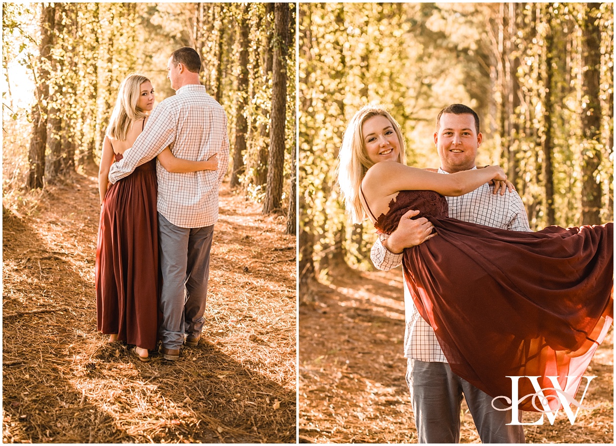 Engaged couple standing and playing together in the forest in Currituck, NC taken by Laura Walter Photography.