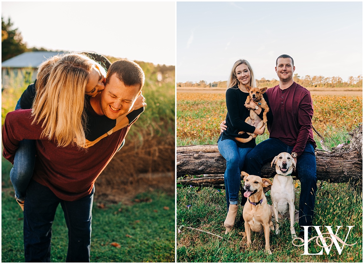 Engaged couple standing and playing together and a portrait with their dogs by a field in Currituck, NC taken by Laura Walter Photography.