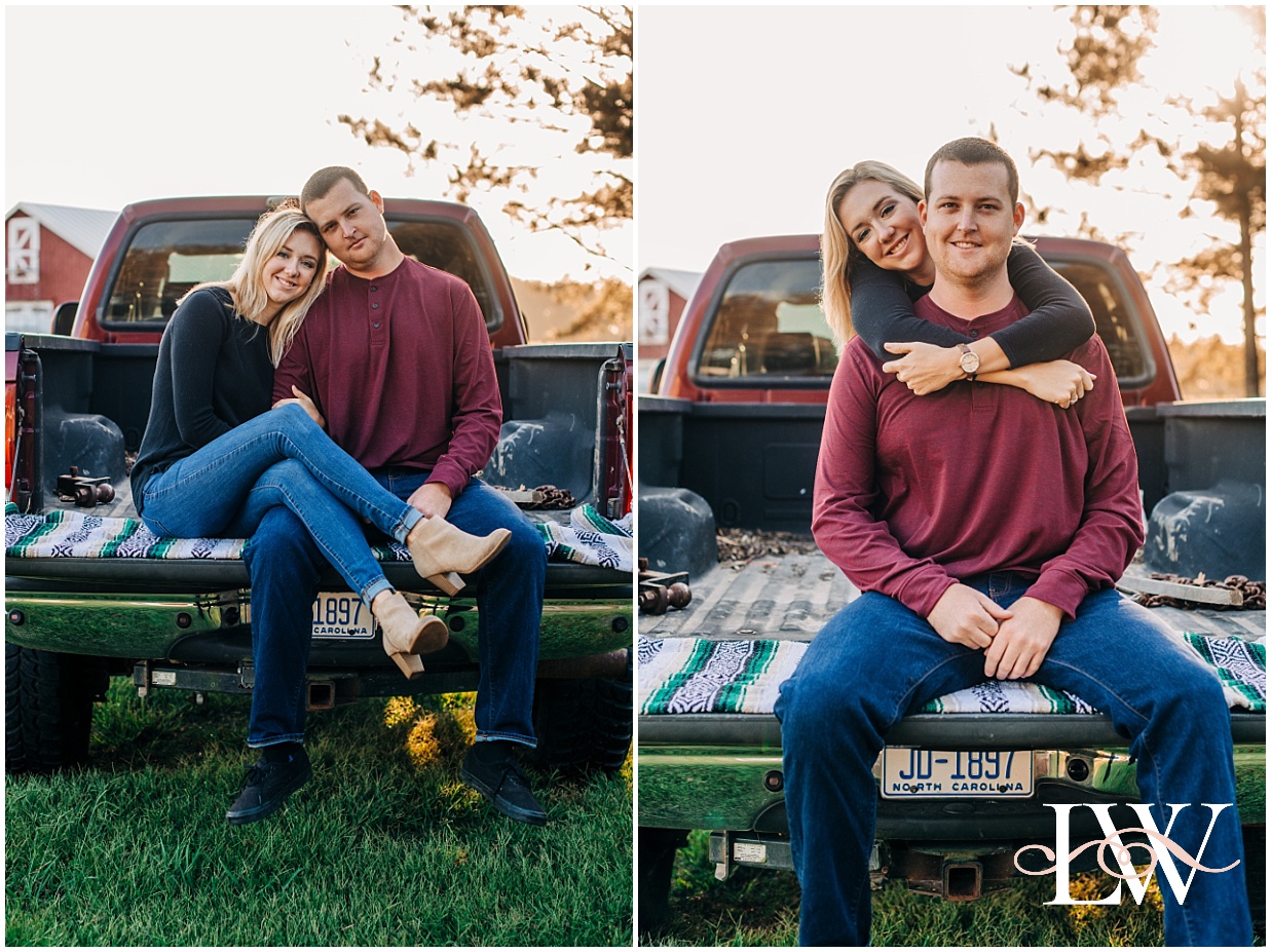 Engaged couple sitting on the tailgate of the truck in Currituck, NC taken by Laura Walter Photography.